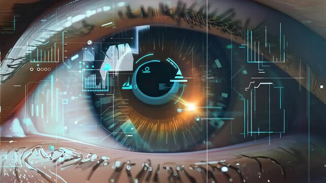 A close-up of an eye with a futuristic, digital effect, featuring blue tones and abstract patterns surrounding it.