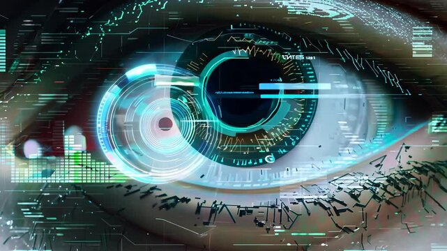 A close-up of an eye with a futuristic, digital effect, featuring blue tones and abstract patterns surrounding it.
