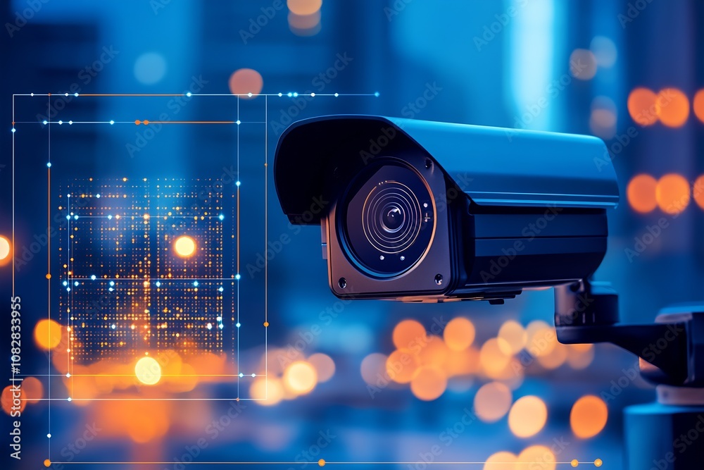 Poster Advanced Surveillance Camera with Digital Interface Overlooking City Bokeh Lights : Generative AI