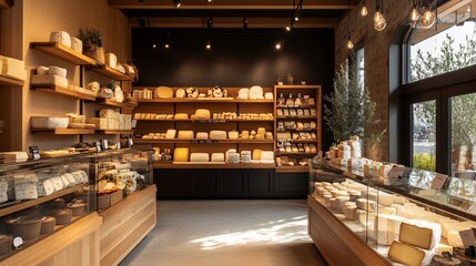 A well-lit cheese shop with wooden shelves stocked with various cheese varieties and other gourmet food items.