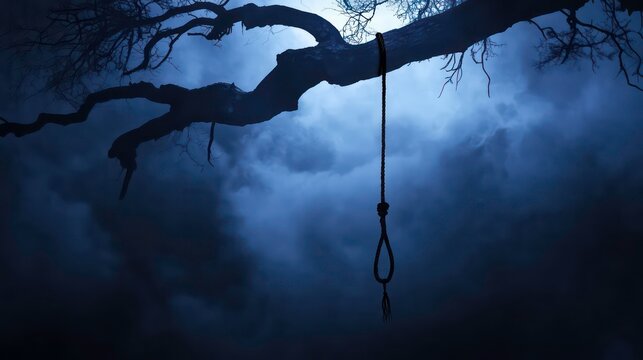 Haunted night scene of a hanging rope on branch of a scary old dead tree, silhouette on dark smoky horror background with copy space, Halloween spooky poster backgrounds