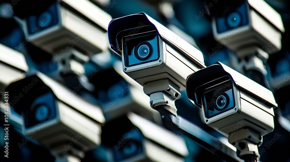 Poster High Resolution Array of CCTV Surveillance Cameras Securing an Urban Public Space : Generative AI