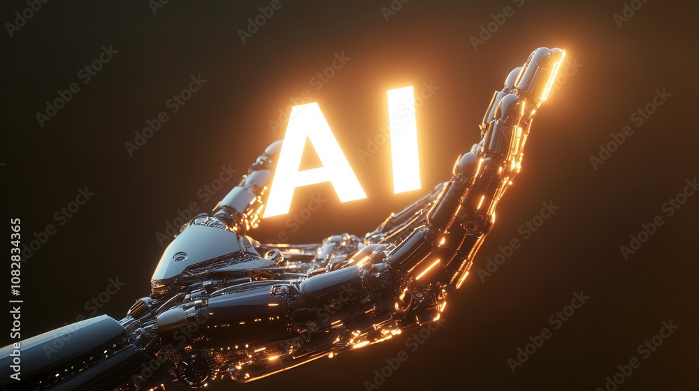 Poster Futuristic Artificial Intelligence Concept with Robot Hand and Glowing AI Text : Generative AI