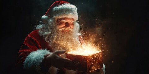 Obraz premium Realistic photograph of Santa Claus opening a magical, glowing gift box, against a solid background Generative AI
