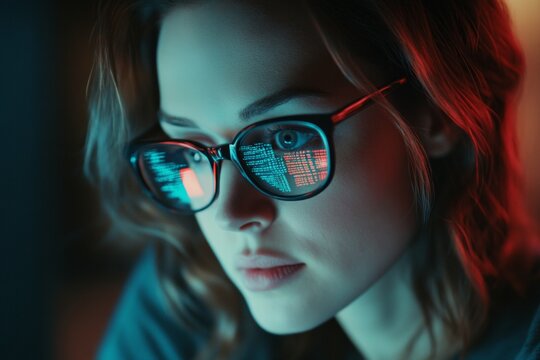 Bespectacled woman reading html scripts, cybersecurity programming and research, AI Generative - Powered by Adobe
