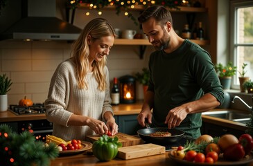 A man and a woman are cooking meat and vegetables dinner in decorated kitchen. A couple is preparing a festive dinner. Cooking Christmas dinner with a Christmas tree in the background.