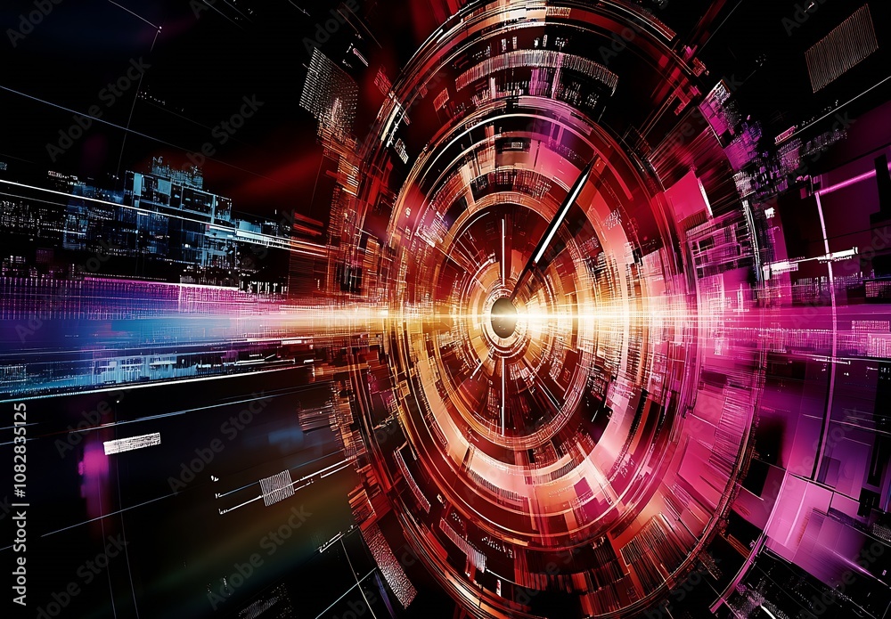 Poster digital abstract clock art with a fusion of vibrant reds and electro purple hues : generative ai
