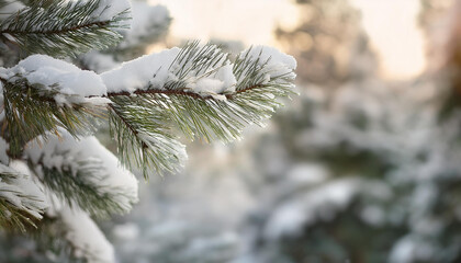 Snow-covered pine branches with blurred forest backdrop Quiet beauty of winter season.