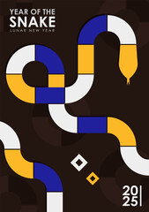 Greeting card with vibrant illustration for 2025 Year of the Snake featuring geometric snake in blue, yellow and white on black background with circles, stars Modern trendy poster with bold typography