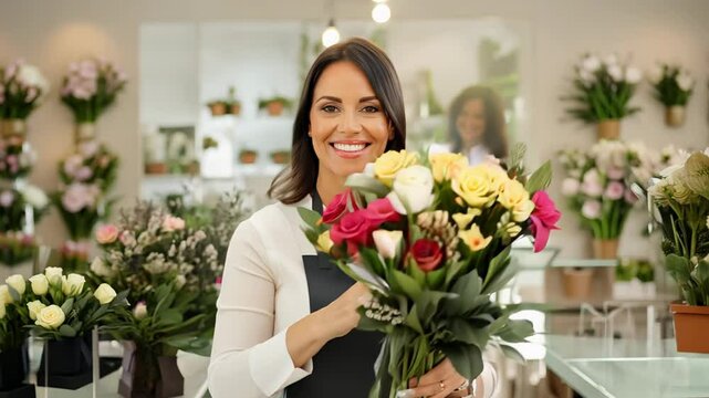 Smiling florist holding a vibrant bouquet of flowers in a bright floral shop