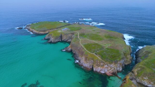 Aerial view from a drone of the coastal area, beaches and sea of ​​the Hermitage of Santa Comba in the parish of Covas. Ferrol. Province of La Coru&ntilde;a. Galicia. Spain. Europe