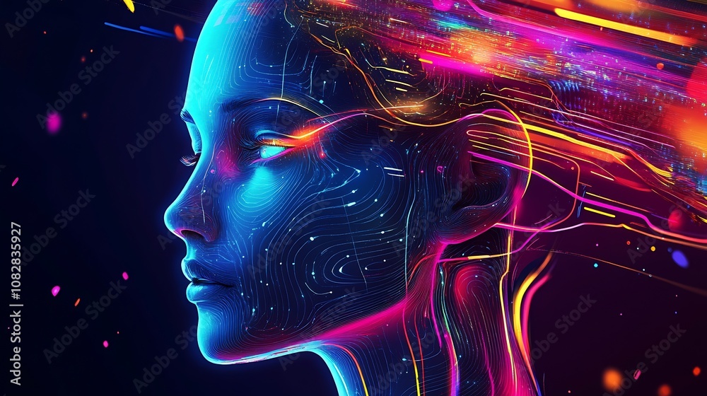 Poster digital futuristic artwork of a neon-lit ai female portrait with vibrant abstract design : generativ