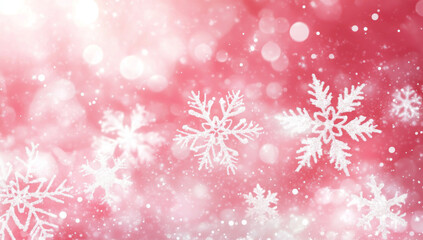 Snow-covered pink background with gentle white snowflakes, creating a sweet Christmas winter design. The pink hue adds a soft, festive charm.
