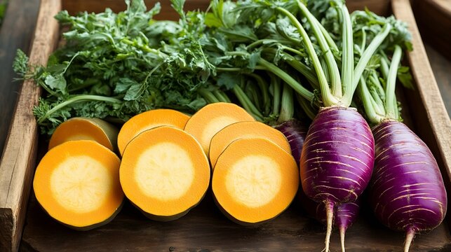 Freshly harvested yellow radish and purple kohlrabi with leafy greens in rustic wooden box : Generative AI