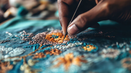 Close-Up of Hand Embroidering with Needle and Thread. Detailed Macro Shot of Needlework, Hand Made and Artisanal concept