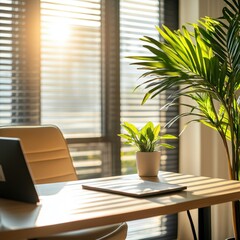 Obraz premium Bright Home Office with Potted Plants and Modern Decor