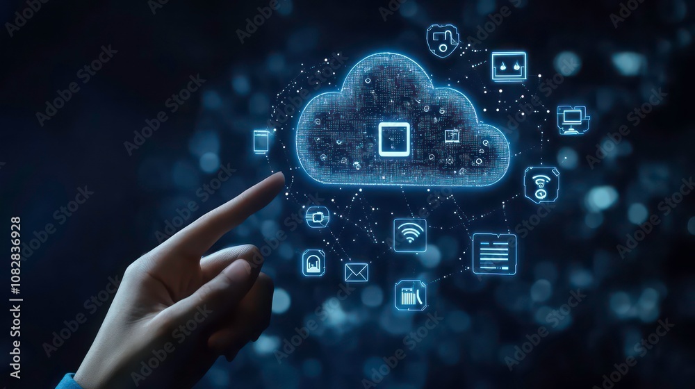 Poster a hand points at a cloud computing icon with various digital icons surrounding it, symbolizing the v