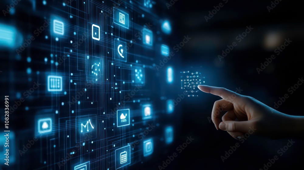 Poster a hand interacting with a digital interface with numerous icons representing various apps and servic