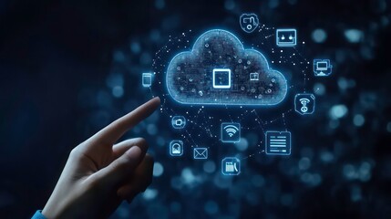 A hand points at a cloud computing icon with various digital icons surrounding it, symbolizing the vast network and data storage capabilities of cloud technology.