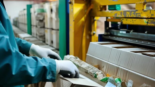 Closeup of a worker operating a baler machine compacting cardboard boxes for more efficient recycling.