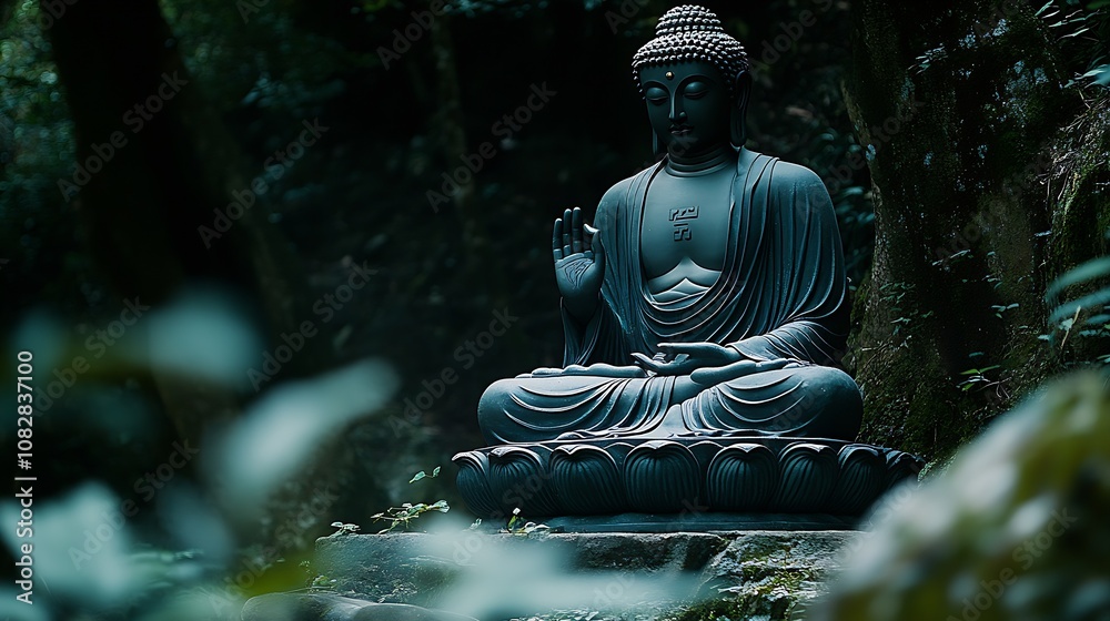 Poster Serene Buddha Statue in Deep Forest Creating a Tranquil Meditation Space : Generative AI