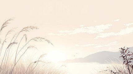 Serene landscape with soft wheat grasses swaying gently calming beige minimalist background nature photography. Serene. Illustration