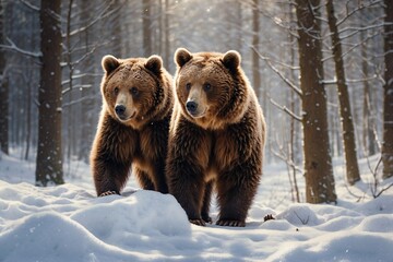 Obraz premium Two Brown Bear Cubs Playing in the Snow Under Soft Sunlight in a Beautiful Snowy Forest