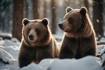 Obraz premium Two Brown Bear Cubs Playing in the Snow Under Soft Sunlight in a Beautiful Snowy Forest