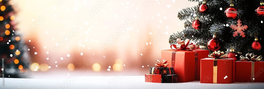 Aufkleber festive christmas scene with decorated tree and wrapped presents against a joyful bokeh background :