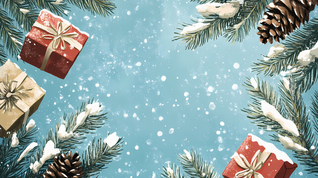 Snow-covered pine branches, wrapped gift boxes, and pine cones set against a serene blue background, embodying the tranquil and festive essence of christmas. Serene. Illustration
