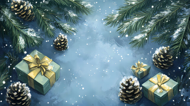 Snow-covered pine branches, wrapped gift boxes, and pine cones set against a serene blue background, embodying the tranquil and festive essence of christmas. Serene. Illustration