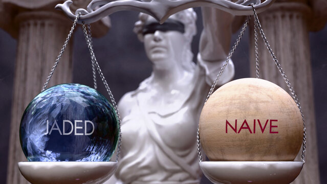 Jaded or Naive as a choice, two options to choose from. Greek statue presenting two alternatives: jaded or naive, weighing their values. Looking at pros and cons. ,3d illustration