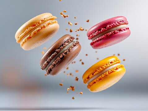 A group of macarons flying through the air with sprinkles