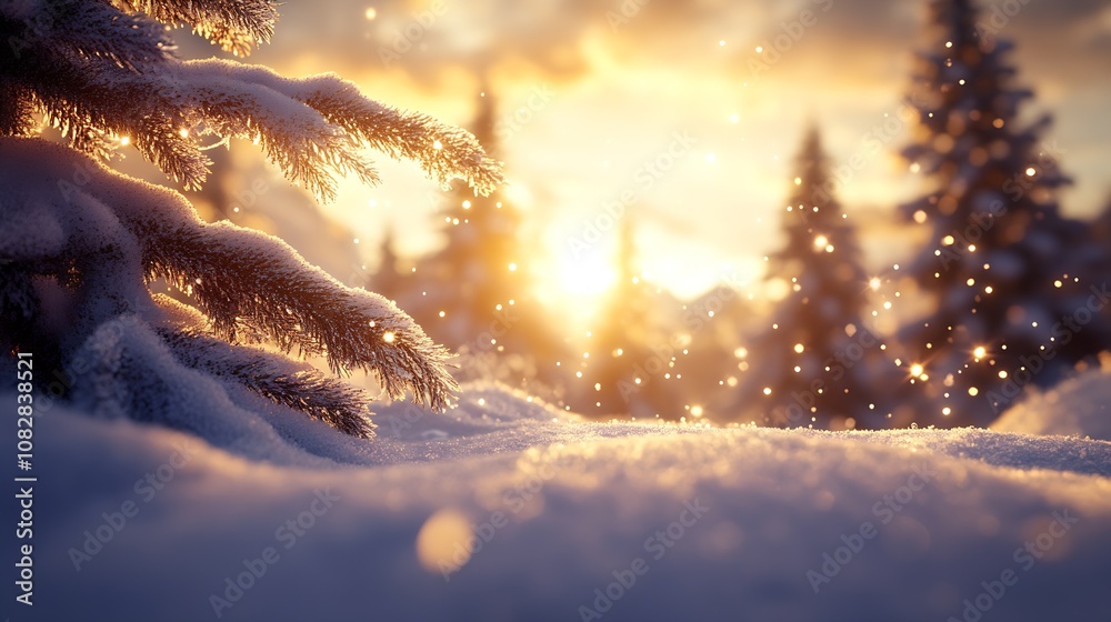 Poster Sunlit Winter Forest with Snow and Sparkling Flakes at Dusk : Generative AI