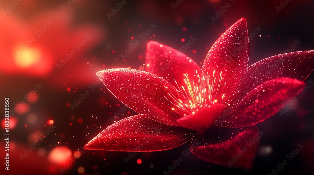 Poster Abstract Red Glowing Flower with Sparkles and Light Effects on Dark Background : Generative AI