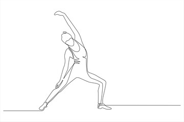 A continuous line drawing of a person stretching in a yoga pose.