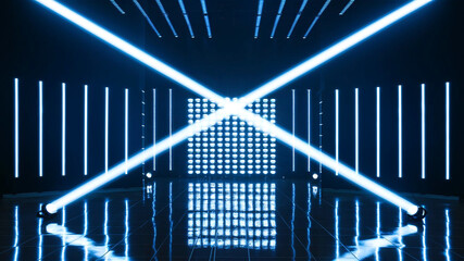Immersive electric blue-lit scene with X-shaped beams a reflective metallic floor and a male figure shouting in motion evoking energy and futuristic depth.