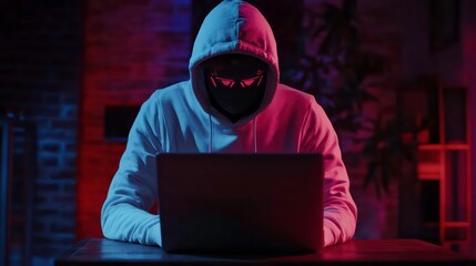 A hooded figure with a glowing mask uses a laptop in a dimly lit room.