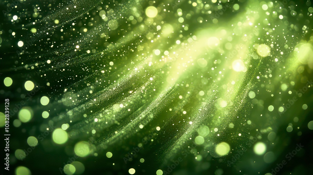 Wall mural abstract green and yellow bokeh background with light rays and sparkles.