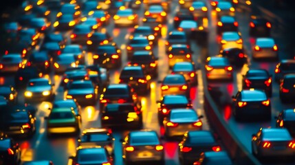 Obraz premium Vivid Urban Traffic Scene at Dusk with Colorful Headlights and Moving Cars in the City : Generative AI