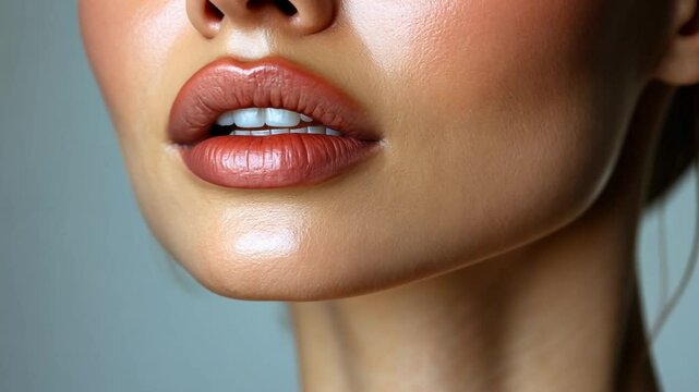 Close-up of a woman's lips and jawline showcasing natural beauty and skincare glow indoors