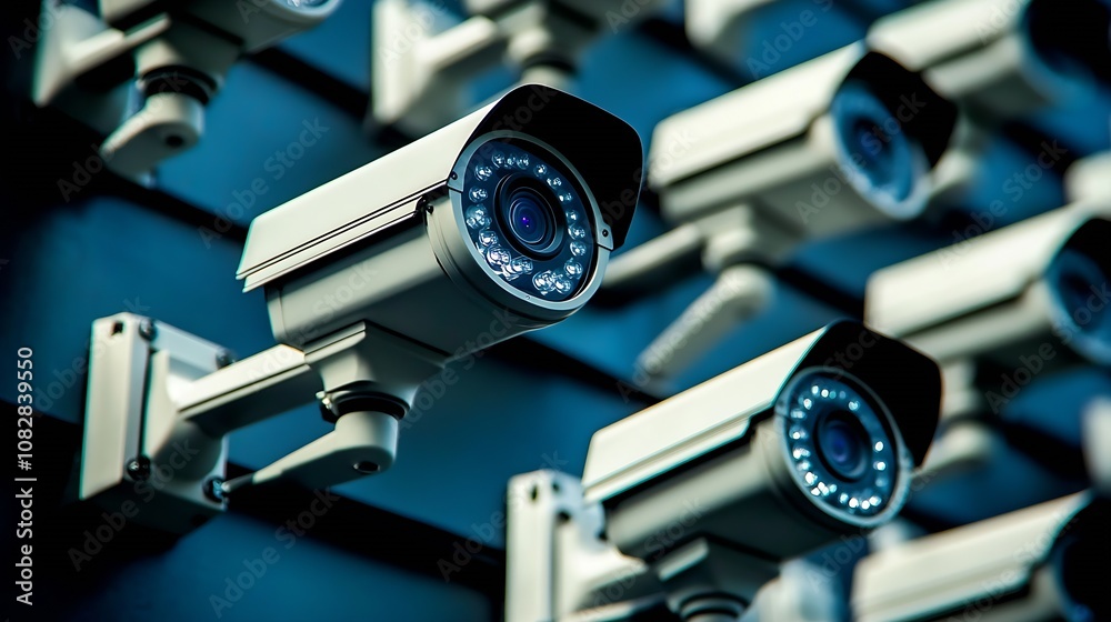 Poster Modern Surveillance System with Rows of CCTV Cameras Ensuring Public Safety and Security : Generative AI