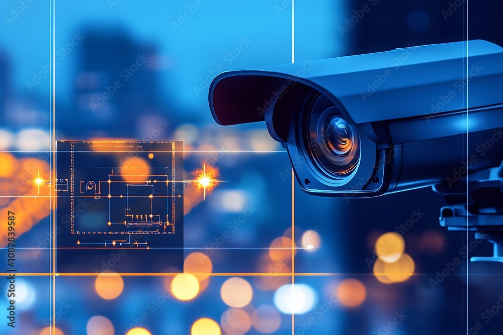 Aufkleber modern security camera overlooking urban cityscape with bokeh lighting effect : generative ai