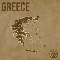 Vintage GREECE Map with Regions Borders and Major Cities Positions