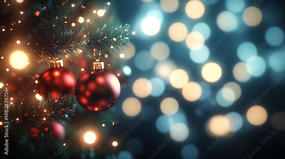 Poster Elegant Christmas Tree with Red Ornaments and Festive Bokeh Background : Generative AI