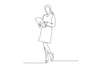 A minimalist line drawing of a woman reading a tablet while standing.