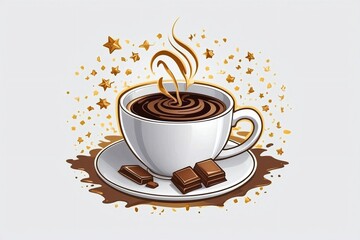 Minimalist Drawing of a Coffee Cup and Chocolate Candies on a White Background