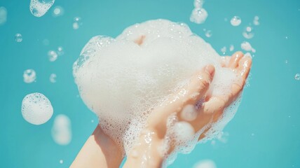 Fototapeta premium Hands Washing with Soap and Bubbles Against Soft Blue Background