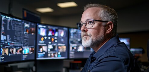 Fototapeta premium Immediate Security Concept. A focused man with glasses sits in front of multiple computer screens, engaged in work that involves data or media analysis.