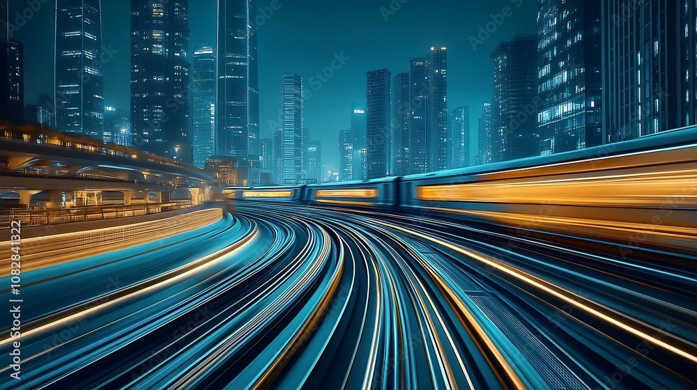 Poster futuristic high-speed rail system navigating through a vibrant city at night : generative ai